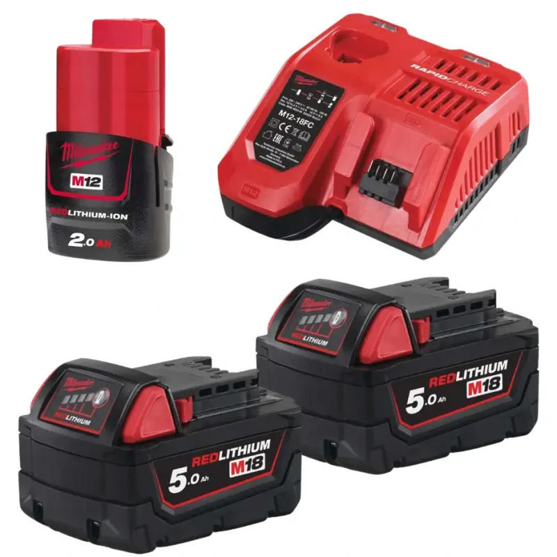 Aku nabíjecí sada Milwaukee M18 NRG-502, 2x aku M18 B5 + 1x M12 B2 + M12-18 FC, 4933459217