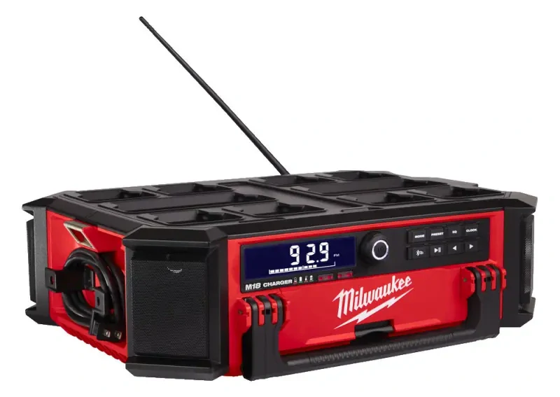 Přenosné Aku rádio/nabíječka Milwaukee M18 PRCDAB+-0, DAB+/FM/AM tuner, repro 40 W, Bluetooth, nabíječka M18 a USB, PACKOUT, bez Aku, 4933472112