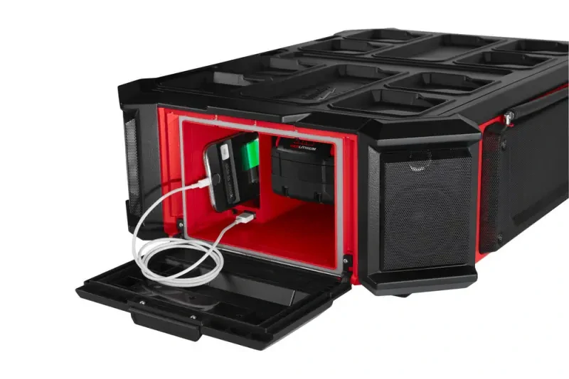 Přenosné Aku rádio/nabíječka Milwaukee M18 PRCDAB+-0, DAB+/FM/AM tuner, repro 40 W, Bluetooth, nabíječka M18 a USB, PACKOUT, bez Aku, 4933472112