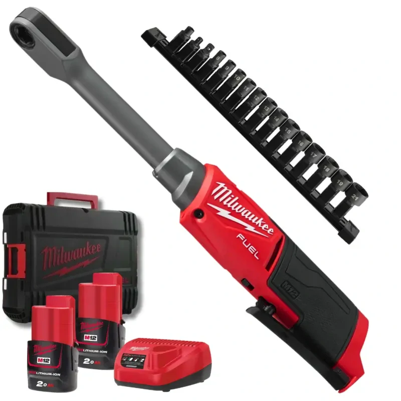 Aku 1/4" průchozí ráčnový utahovák Milwaukee M12 FPTR-202X, 81 Nm, prodloužená HEX ráčna INSIDER, 2x aku M12 B2 + C12 C, 4933499411